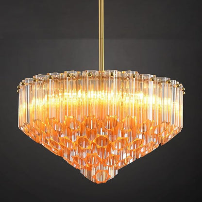 Modern Amber Glass Chandelier, 14" Round Crystal Dining Room Pendant Light Chandelier, Luxury Brass Hanging Fixture for Bedroom, Gold Kitchen Island Light, Dimmable Small Ceiling Lighting Chandeliers