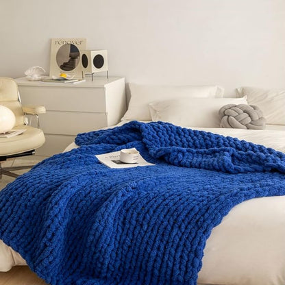 Chunky Knit Blanket Throw 48"x71", Chenille Throw Blankets, Handmade Warm & Cozy Blanket Couch Bed Home Decor, Soft Breathable Fleece Banket, Christmas for Couch Bed Sofa Best Gift (Navy Blue)
