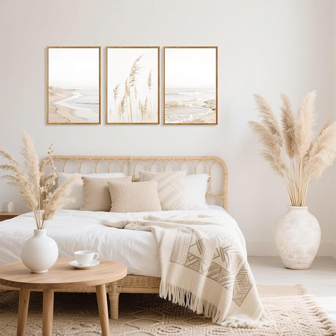 HPNIUB Modern Beach Artwork Seascape Wall Art, Seaside Framed Painting Reed Pathway Picture, Minimalist Neutral Coastal Landscape Wall Decor for Living Room,Bathroom -16'' x24'' x3