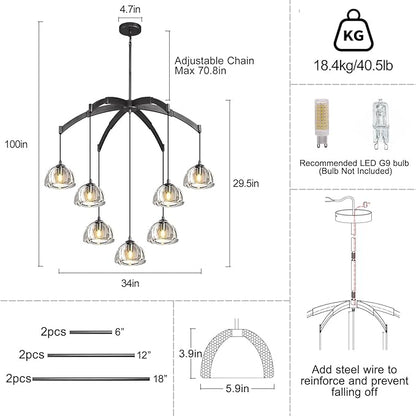 Modern Crystal Chandeliers, Black Round Chandelier for Dining Room, Large Arc Chandelies for Living Room, 7-Light Dining Room Light Fixture 34" Pendant Light Chandelier for Staircase Bedroom