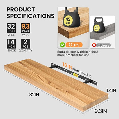 Floating Shelves for Wall, 32"W x 9.3"D x 1.5"H Rustic Solid Elm Wood Wall Shelves, Set of 2 with Invisible Heavy-Duty Metal Bracket, Deep Floating Shelf for Living Room Kitchen, Natural