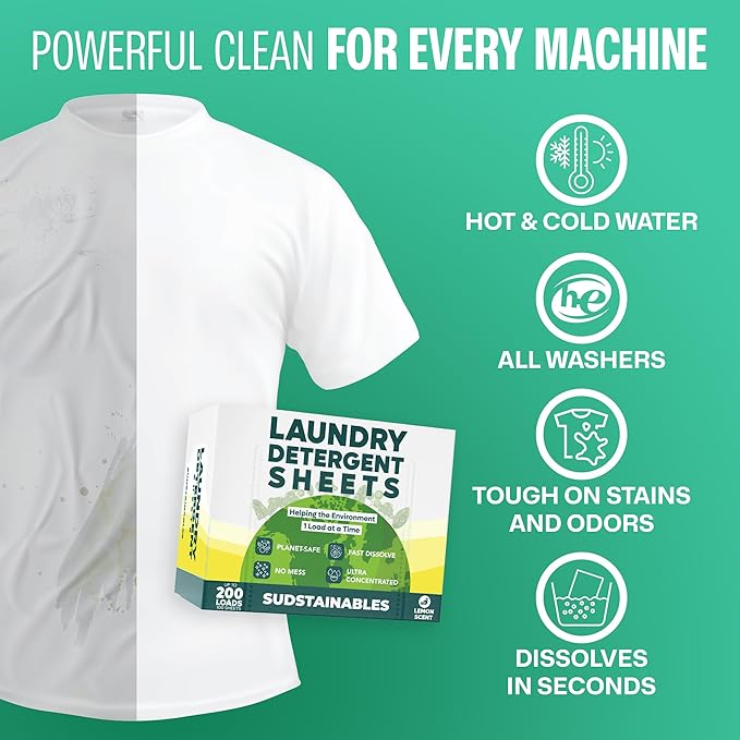 Sudstainables Laundry Detergent Sheets (200 Loads) – Eco-Friendly, Zero Waste, Plastic-Free Laundry Washing Machines Soap Sheets; Dissolvable, Space-Saving Strips for Travel (Lemon)