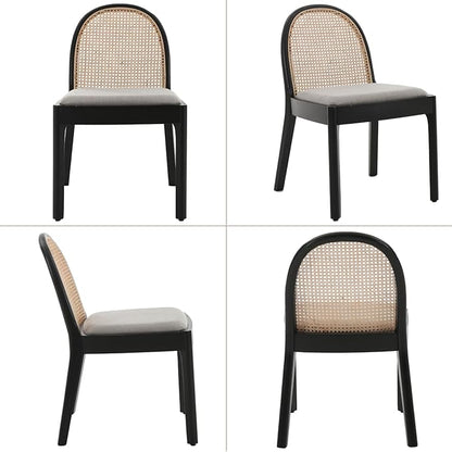 Mid Century Dining Chairs Set of 6, Accent Rattan Side Chairs Linen Fabric Kitchen Chair with Solid Wooden Legs for Living Room Dining Room, Grey