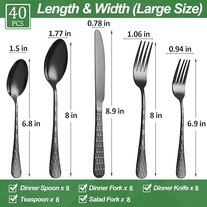 40 Pcs Black Silverware Set for 8 with Water Cube Handle design, Food Grade Stainless Steel Flatware Set, Eating Utensils Sets Include Fork/Knife/Spoon, Reusable Cutlery Set, Dishwasher Safe