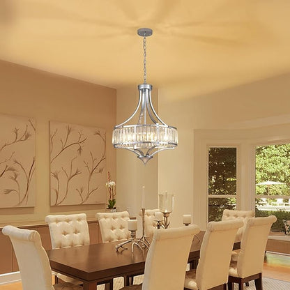 Modern Chrome Crystal Chandelier, 20 Inch Large Ceiling Pendant Light Fixture with 50'' Adjustable Hanging Chain, 5-Light Farmhouse Chandelier for Dining Room, Living Room, Bedroom, Entryway