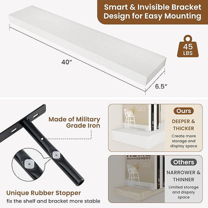 fuqing Floating Shelves for Wall, Bathroom Shelf Wall Mounted for Storage, Shelves with Invisible Bracket for Bedroom, Kitchen, Living Room, Farmhouse Small Book Shelf, 40 Inch Set of 2, White