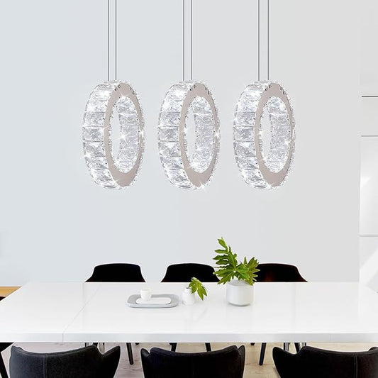 Buccleuch 3-Ring Crystal Chandelier, Dimmable LED Pendant Light Fixture Adjustable Stainless Steel Pendant Light, Silver Crystal Chandeliers for Dining Room, Bedroom, Living Room