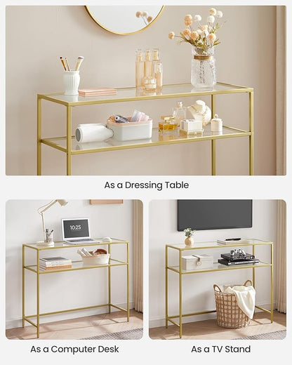 VASAGLE 39.4 Inch Console Sofa Table, Modern Entryway Table, Tempered Glass Table, Metal Frame, 2 Shelves, Adjustable Feet, for Living Room, Hallway, Gold Color ULGT025A01