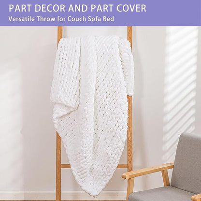 Bigacogo Chunky Knit Throw Blanket for Couch, 80x90 inches, 100% Hand Knitted with Thick Jumbo Chenille Yarn, Cozy Soft Large Rope Knot Cable Crochet Blankets for Sofa Bed Living Room, White