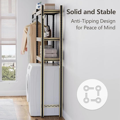 CABIHOME 5-Tier Over-The-Washer Shelf - Adjustable Height Laundry Organizer Space Saver, Double-Layer 100lb Shelves, 2 Hooks for Bathroom/Balcony (Grey & Black)