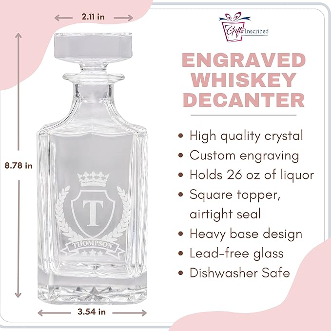 Gifts Inscribed Custom Whiskey Decanter Bottle (750 ml) - Personalized Glass Liquor Decanter Set - Customized Glassware - Engraved Whisky Glassware Gift for Wedding, Groomsman, Anniversary, Birthday