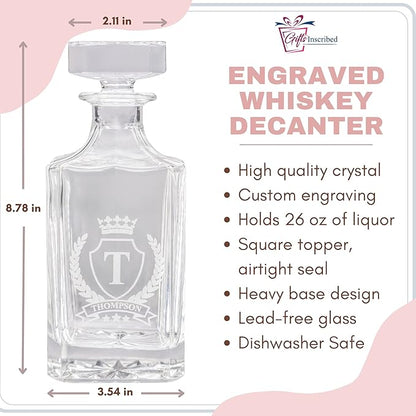 Gifts Inscribed Custom Whiskey Decanter Bottle (750 ml) - Personalized Glass Liquor Decanter Set - Customized Glassware - Engraved Whisky Glassware Gift for Wedding, Groomsman, Anniversary, Birthday