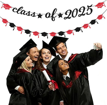 Red Black Party-Decoration Graduation Banner - 14pcs Kits Cap Garland Streamers, Paper Tissue Pom Poms Flowers Fans Honeycomb,Class Of 2025 College High School Grad Decor Hugfond
