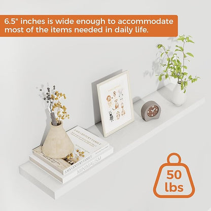 Fun Memories Floating Shelves for Wall, 30" Rustic Wood Deep Wall Mounted Shelves with Invisible Brackets for Decor & Storage, Floating Shelf for Living Room, Bathroom (White, Set of 2)