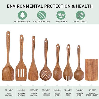 Wooden Spoons for Cooking - 8-Piece Wooden Kitchen Utensil Set made of Natural Solid Wood Material - Includes Spoons, Spatulas, Ladles, Strainer Spoon, Salad Fork, Mixing Spoon and Utensil Holder