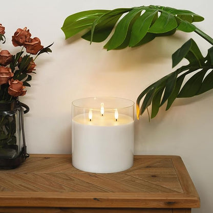 Homemory 6X6'' Extra Large Flameless Candle with 3 Wicks, Glass LED Pillar Candle, Real Wax Battery Operated Candle with Remote Control and Timer, Pure White