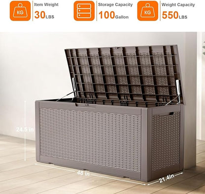 100 Gallon Deck Box Large Outdoor Storage for Patio Furniture,Outdoor Cushions,Garden Tools and Pool Supplies,Waterproof,Resin,Lockable(Grey)
