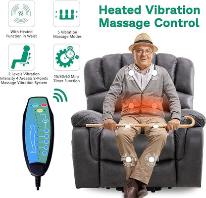 VIVIJASON Large Dual OKIN Motor Lay Flat Sleeper Lift Recliner Chair with Heat & Massage for Elderly, Infinite Position Electric Power Recliner with 2 Remote Controls, Side Pockets & USB Ports, Gray