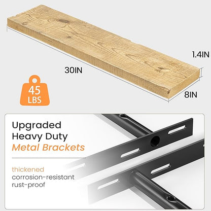 Fun Memories Floating Shelves for Wall Decor, 30"x8" Rustic Reclaimed Wood Shelves, Heavy-Duty Wall Mounted Shelves with Invisible Brackets, Set of 2for Living Room, Bedroom, Kitchen, Natural Finish