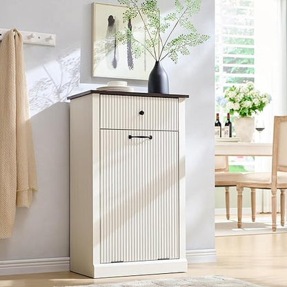 Modern Tilt-Out Trash Can Cabinet, 10 Gallon Fluted Laundry Hamper Cabinet with Drawers, Wooden Hidden Garbage Can Cabinets with Storage Basket, Free Standing for Kitchen and Living Room, White