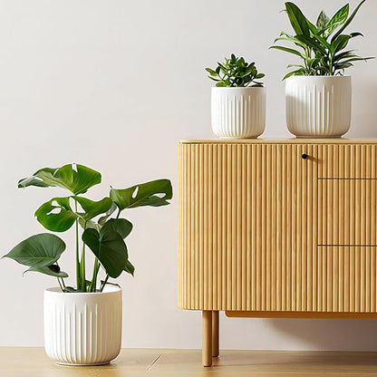 LE TAUCI Fluted Ceramic Planters Set of 3 – 8.3/7 / 5.7 in White Cylinder Indoor Plant Pots with Drainage Plug & Mesh, Matte Glazed Stoneware Flower Pots for Succulent Herb Cactus