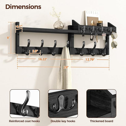29" Coat Rack Wall Mount with Shelf, 4 in 1 Wall Mounted Coat and Key Hanger with 11 Hooks, Entryway Key Holder with Mail Holder for Living Room, Bedroom, Black