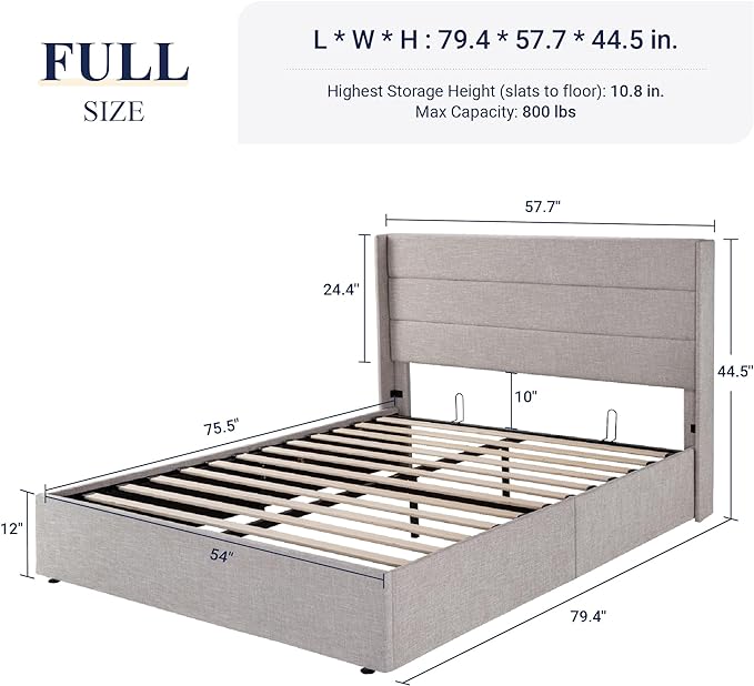 Allewie Full Size Lift Up Storage Bed, Modern Wingback Headboard, Hydraulic Support, No Box Spring Needed, Light Beige