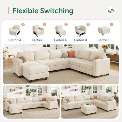 HONBAY Corduroy Sectional Sofa with Storage, U Shape Modular Sectional Sofa with Chaise, Modular Couches for Living Room, Beige