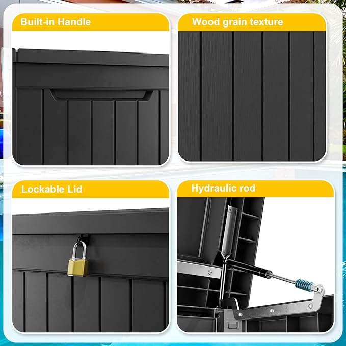 Vixzen 230 Gallon Resin Deck Box, Lockable Outdoor Storage Box for Patio Cushions Storage Furniture,Garden Tools, Pool Supplies, Weatherproof and UV Resistant- Black