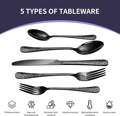 Floral 40 Pcs Black Silverware Set for 8, Food Grade Stainless Steel Flatware Set with Rose Flower Embossed Design, Eating Utensils Sets Include Fork/Knife/Spoon, Reusable Cutlery Set, Dishwasher Safe