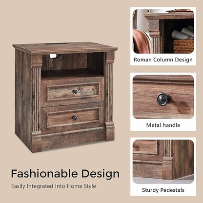 26" Tall Farmhouse Nightstand Set of 2, 2 Drawers End Table w/Charging Station, 23.6" Wide Large Side Table w/Roman Column, Wood Rustic Sofa Table w/Open Shelf, Bedside Table for Bedroom, Light Brown