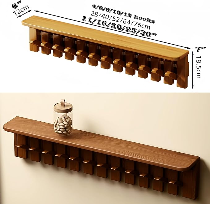 Wall Mounted Piano Key Hanger | Flip Style Hook | Entrance Wall Art Hook, Made of Oak Wood (3 Times Painted, 4 Times Polished) (Tray Beech, 12Hooks)
