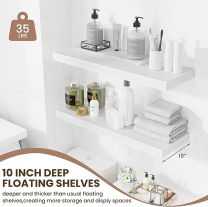 Fun Memories Floating Shelves for Wall, 32 Inch Long Floating Shelves Set of 2, 32 x 10 Wooden Shelves for Wall, Large Storage Shelves, Hanging Shelves for Bathroom Kitchen Bedroom, White