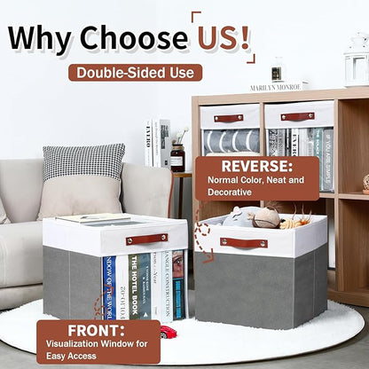 HNZIGE Fabric Cube Storage Bins - 4 Pack 13x15x13 Collapsible Storage Cubes for Organizing Shelves, Closet, Pantry - White, Gray