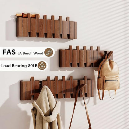 Wall Mounted Piano Key Hanger | Flip Style Hook | Entrance Wall Art Hook, Made of Oak Wood (3 Times Painted, 4 Times Polished) (LED Walnut, 6Hooks)