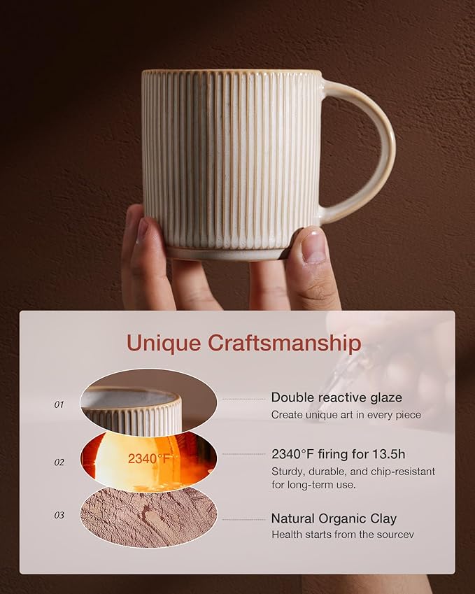 famiware Coffee Mug Set for 4, Star 12 oz Catering Mugs Cup Set with Handle for Coffee, Tea, Cocoa, Milk - Ceramic Stoneware Drinkware Set, Cappuccino White