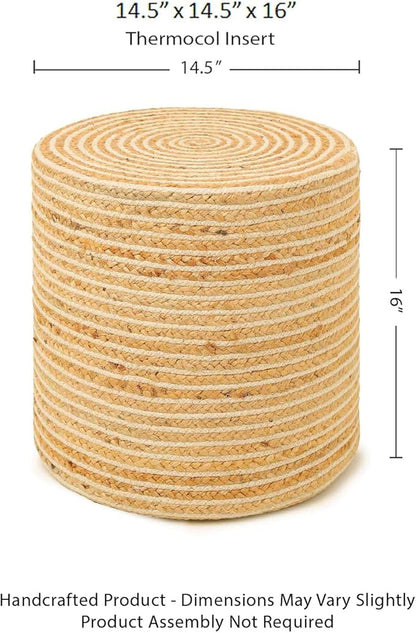 REDEARTH · Cylindrical Pouf Foot Stool Ottoman - Jute Braided Pouffe Poof Sitting Footrest for The Living Room, Bedroom, Nursery, Patio, Lounge & Other Rooms in Home (14.5”x14.5”x16”; Natural Ivory)