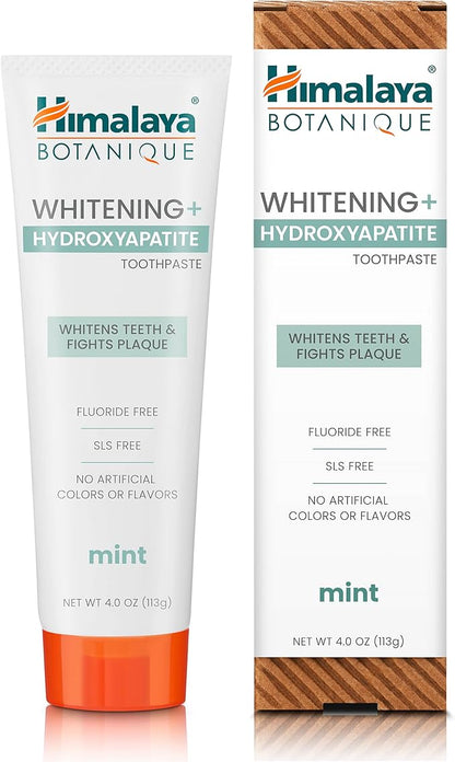 Himalaya Botanique Whitening + Hydroxyapatite Toothpaste for Whiter Teeth & Fresher Breath, Fights Plaque with Hydroxyapatite Support & Mint Flavor, Fluoride Free, SLS Free, & Vegan, 4.0 oz, 2 Pack