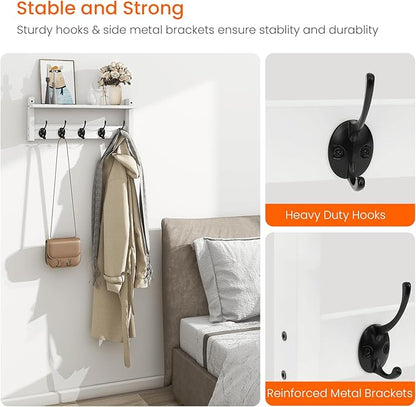 Homode Wall Shelf with Hooks, Coat Rack Wall Mount with Pegs, Hanging Entryway Coat Hanger, Wood and Iron Shelf for Bathroom, Hallway, Bedroom, White