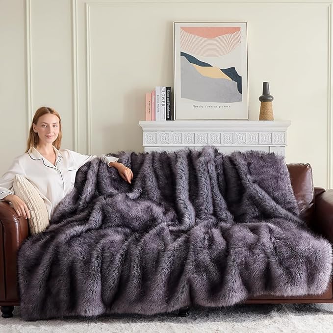 Fluffy Faux Fur Throw Blanket – Super Soft Warm Thick Plush Blanket for Bed, Couch & Office, Cozy Fuzzy Throw with Flannel Backing,60"x80", Grey