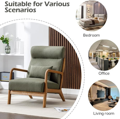 INZOY Mid Century Modern Accent Chair with High Back, Upholstered Living Room Chairs with Waist Cushion, Wood Frame Reading Armchair for Bedroom Sunroom, Green