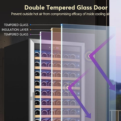 Tylza Upgraded 154 Bottles Wine Cooler Refrigerator, 24 Inch Tall Wine Fridge Built-in or Freestanding with Professional Compressor, Low Noise Fast Cooling and Intelligent Temperature Memory