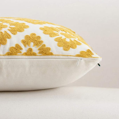 HWY 50 Mustard Yellow Decorative Throw Pillow Covers 18x18 Inch, Pack of 2 Embroidered Cotton Farmhouse Cushion Cover Pillow Case for Sofa Couch Living Room Bed Bedroon, Geometric Diamond Floral