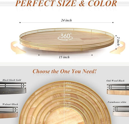 24 Inch Extra Large Lazy Susan Turntable - Premium Solid Oak Wood & Iron | Rustic Farmhouse Rotating Tray for Dining Table, Kitchen Countertop, Centerpiece Decor | Smooth 360° Spin | Durable & Stylish