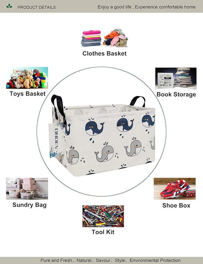 Rectangular Folding Laundry Basket,Canvas Basket,Nersury Hamper,Suitable for Children,Office,Bedroom,Clothes,Toys Storage (REC whale), 14.9’’L ×10.2’’W×9.05’’H inches
