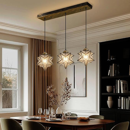 Glam Chandelier 3 Lights Glass Star Pendant Lights for Dining Table Kitchen Island Modern Ceiling Hanging Lights Included LED Warm Light Bulbs Oiled Bronze