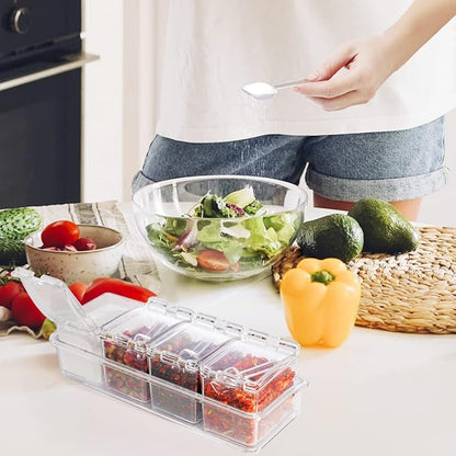 Clear Seasoning Box 4 PCS/Set, Acrylic Seasoning Rack Seasoning Storage Container Condiment Jar Spice Box Spice Jar Spice Pot Spice Rack with Spoon & Lid & Tray for Salt Pepper Sugar (#A)