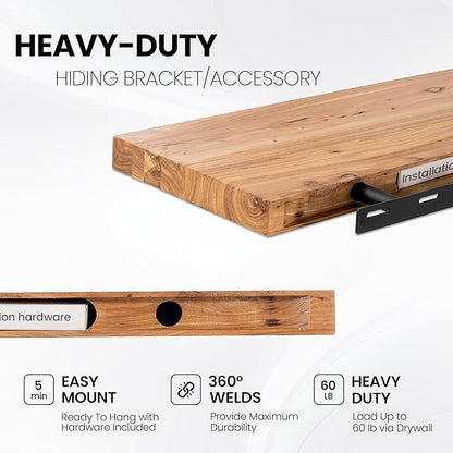 Floating Shelves for Wall, 48"x9.3" Rustic Solid Live-Edge Elm Wood Wall Shelves, Heavy-Duty Floating Shelves with Invisible Brackets for Living Room, Bedroom, and Kitchen, Natural Finish