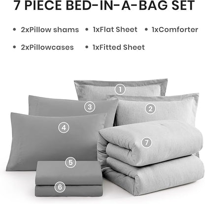 Monbix King Size Comforter Set, Grey Bed Set Reversible, King Size Comforter Set 7 Pieces, Cationic Dyeing Bed in a Bag with Comforter, Sheets, Pillowcases & Shams