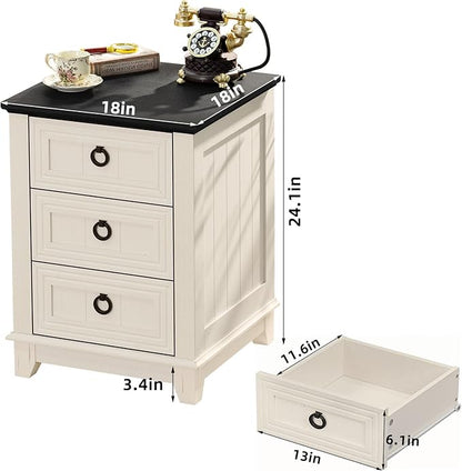 18" Farmhouse Night Stand with 3 Drawers, Wood End Table Dresser for Bedroom, White Nightstand, Bed Side Table with Metal Handle, Bedside Cabinet for Bedroom Living Room, Closet